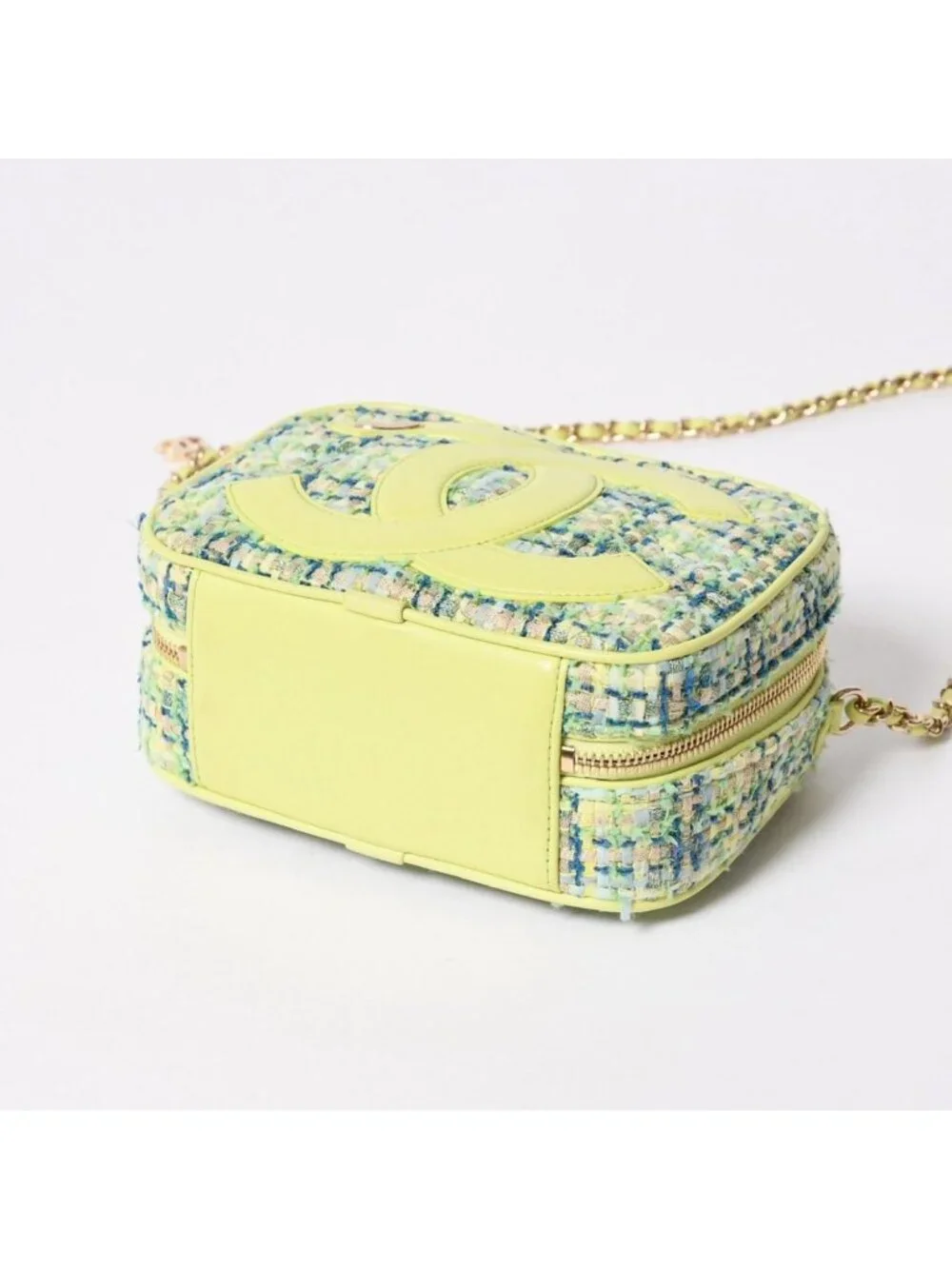 Chanel CC Mania Small Camera Bag CC Logo Lime Green Multicolor Tweed Lambskin